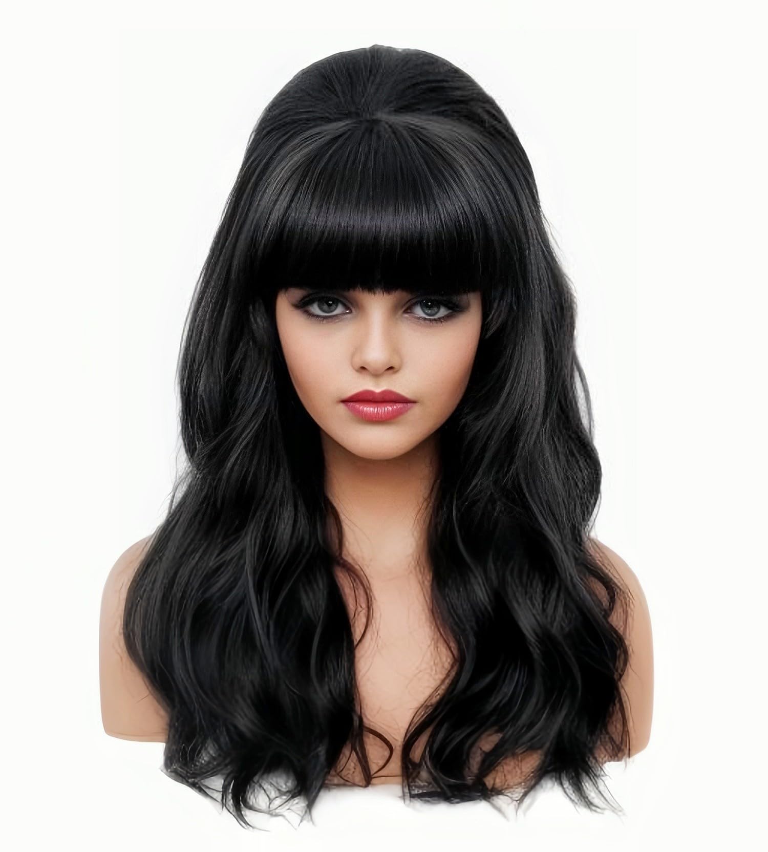 Photo 1 of Rugelyss Long Wavy Black Wig with Bang Big Bouffant Beehive Wigs for Women fits 80s Costume or Halloween Party