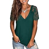 WMZCYXY Womens Lace Short Sleeve Tops V Neck Summer T Shirt Dressy Casual Blouses