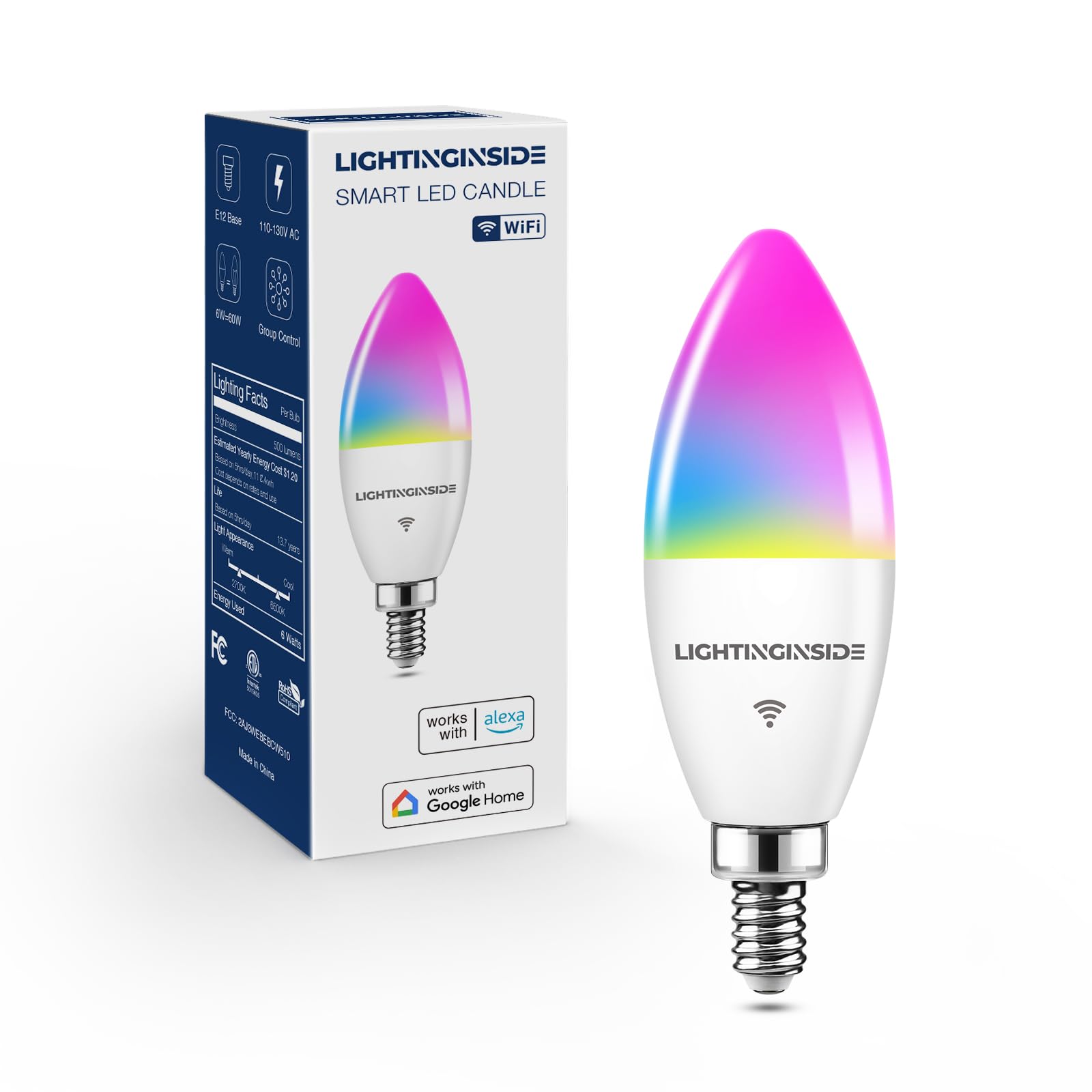 Photo 1 of Lightinginside E12 Smart Light Bulbs 60W Equiv., Work with Alexa/Google Home/Smart Life, 500LM 6W RGBCW Candle Candelabra LED Light Bulbs, No Hub Required, 2.4G WiFi Bluetooth Bulb, ETL Listed, 1PC