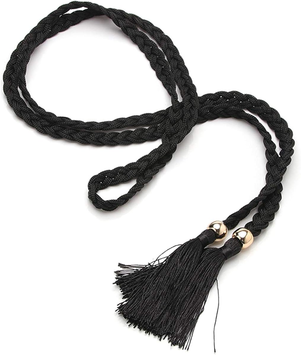 Elegant Solid Color Braided Tassel Belt Women Boho Thin Waist Rope Knit