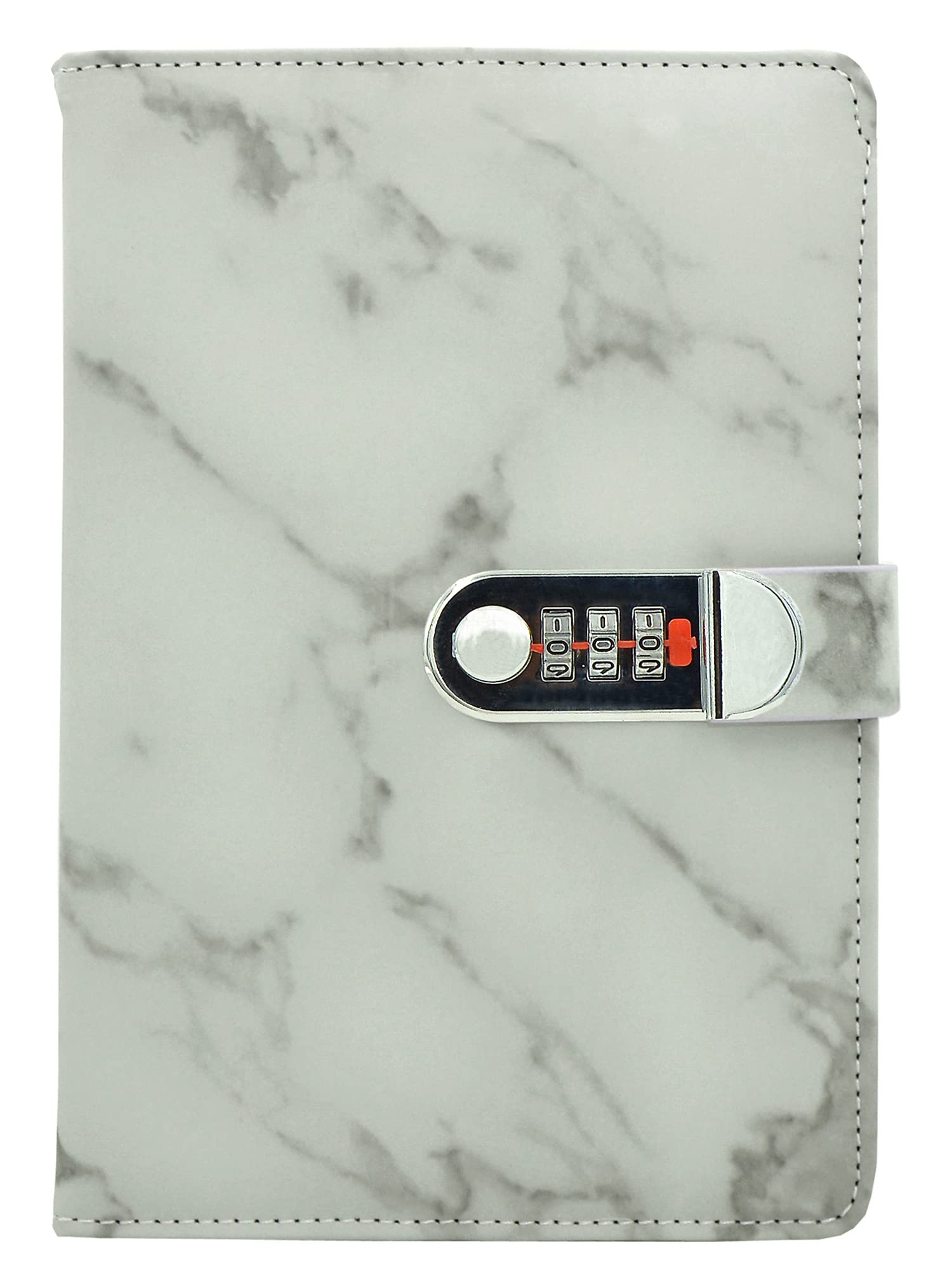 NectaRoy PU Leather Cover Writing Notebook, Lockable Diary Lock Journal, Marble Pattern Wire Binding Lined Daily Travel Journal with Lock, Password Notepad with Pen Holder, Size 218x150mm