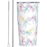 CHASOEA Dragonfly Tumbler 20oz Cute Stainless Steel Insulated Tumblers with Lid and Straw Animal Travel Coffee Mug Tea Wine Cups Water Bottle Dragonfly Gifts for Women