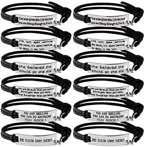 Cosweet Pack of 12 Inspirational Message Leather Bracelets Cuff Bangle Mantra Motivational Quotes Words Engraved Friend Encouragement Jewery Gift for Women Teen Girls Students