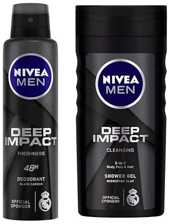 NIVEA MEN Deodorant, Deep Impact Freshness, 150ml and NIVEA MEN Hair, Face & Body Wash, Deep Impact Intense Clean Shower Gel, 250ml