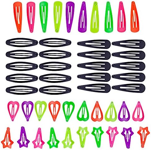50pcs Set Kit Lot Pack of Black and Neon Round, Teardrop, Hearts and Stars Shaped Hair Slides Grips Hairstyling Accessories Iron Hair Snap Clips Hairdos Prongs Sectioning Bendies Sleepies