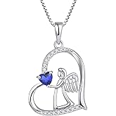 FJ Heart Guardian Angel Necklace 925 Sterling Silver Angel Wing Pendant Birthstone Jewelry for Women
