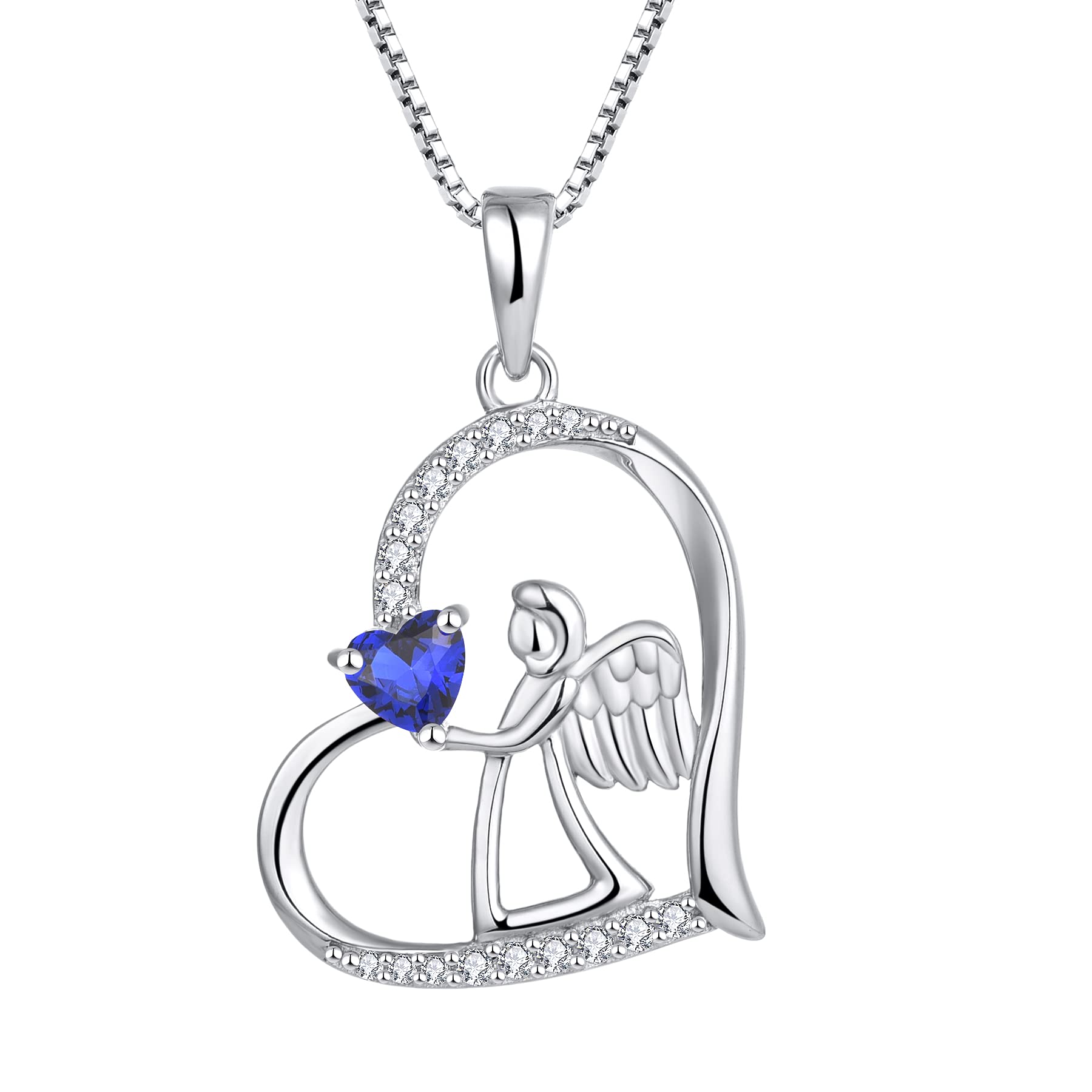 FJ Heart Guardian Angel Necklace 925 Sterling Silver Angel Wing Pendant Sapphire Necklace September Birthstone Jewellery for Women