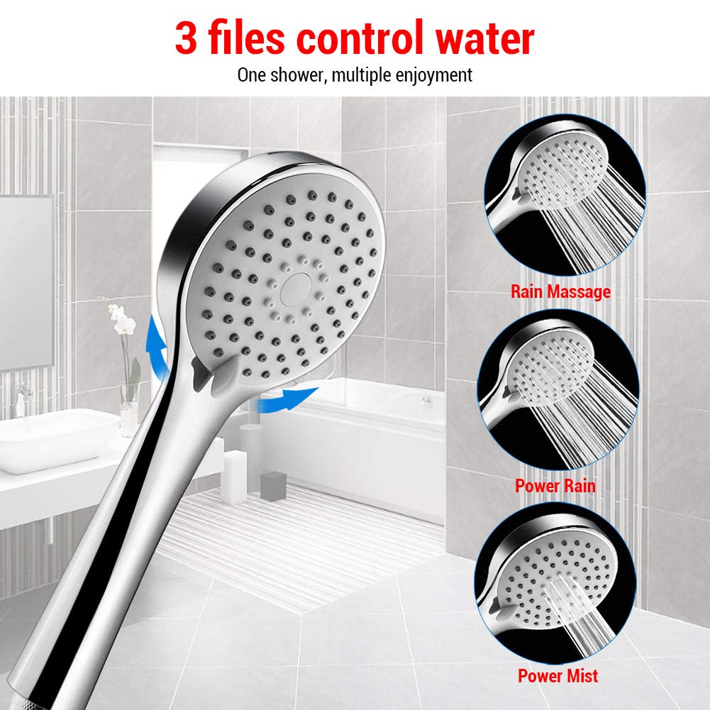 HENZIN Shower Head,High Power Low Pressure Boosting Showerhead 3-Function Water Saving Handheld Chrome Shower Head with Hose and Holder Universal Fitting for Bathroom