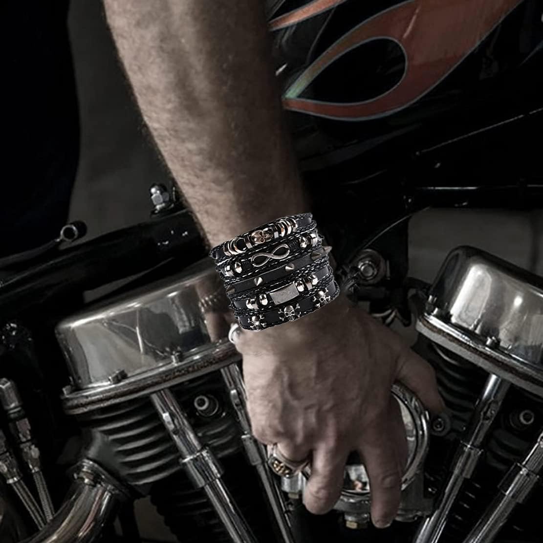 WAINIS 6 Pack Mens Black Leather Bracelets Set for Men Stackable Braided Cuff Bracelet Tribal Punk Rock Handmade Wristband: Jewelry