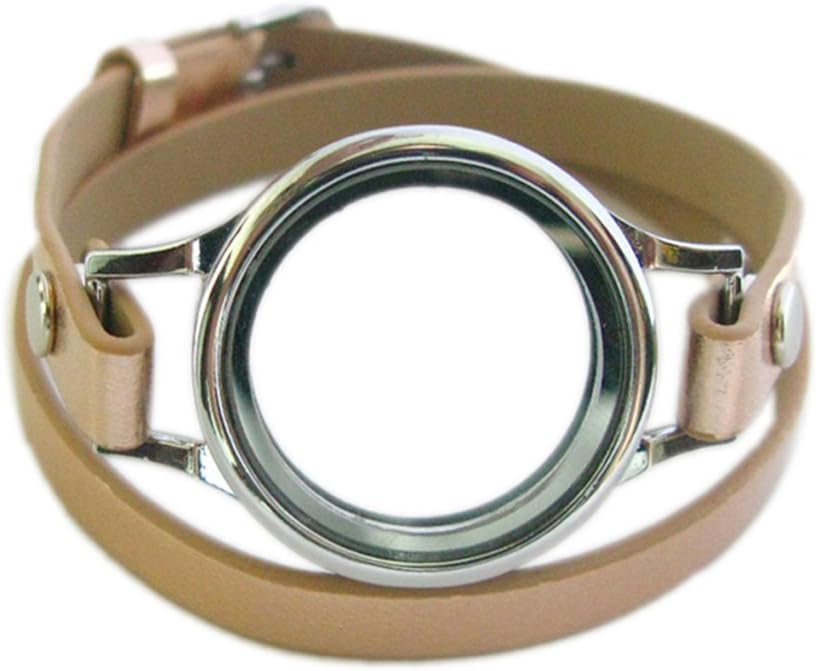 Generic Multi-Color Plain Twist Threaded Watch Locket with 8mm PU Leather Wrap Bracelet Living Memory Floating Charm Locket DIY Jewelry (Plain Locket with Light Golden wrap)