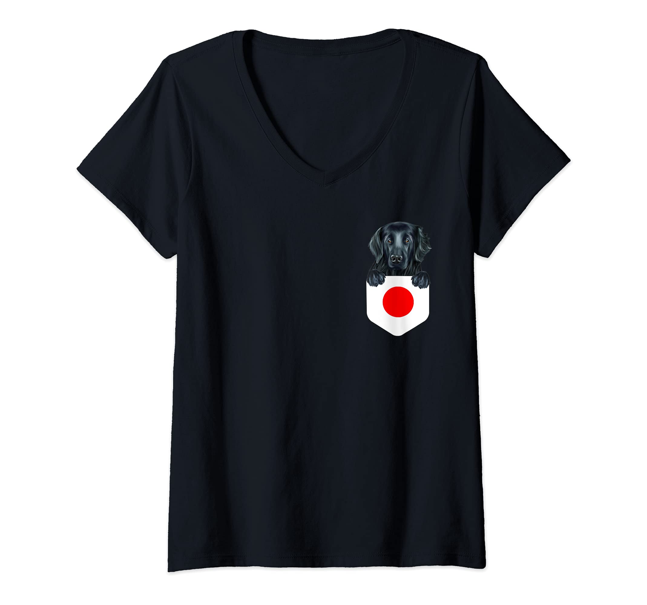 Womens Japan Flag Flat-Coated Retriever Dog In Pocket V-Neck T-Shirt