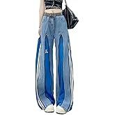 Ladies' Retro American Patchwork Printed Jeans, Stylish Personalized Zipper Design, Loose Y2K Hip-hop Casual Pants