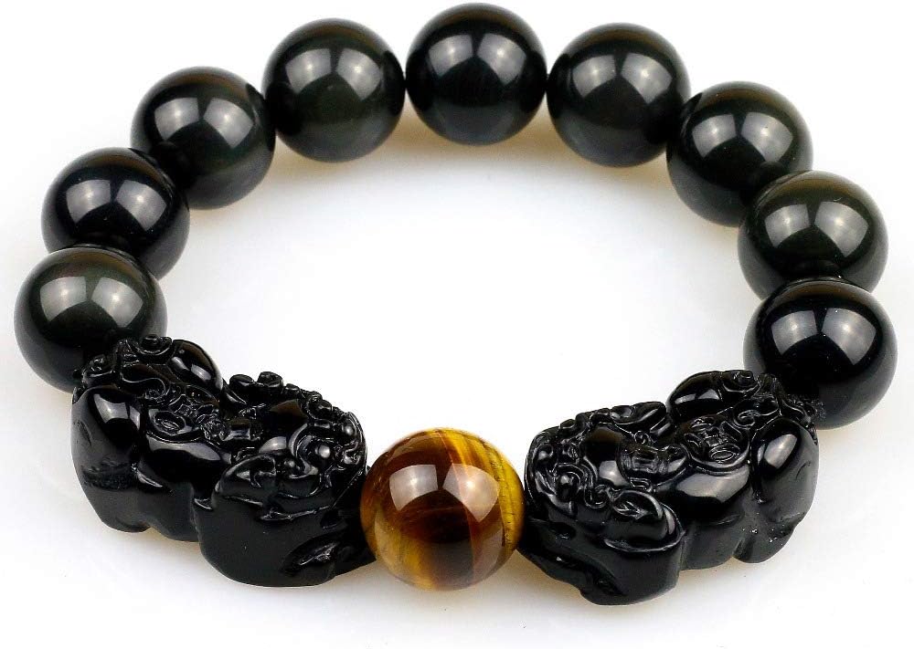 Natural Obsidian with Tiger Eye Beads Bracelet Gold Color Charm Men Bracelet PIXIU Lucky Brave Women Jewelry 10 12 14 16mm