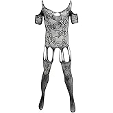 Pructi Men Lace Sissy Black Fishnet Lingerie Bodysuit Elastic One Piece Nightgown