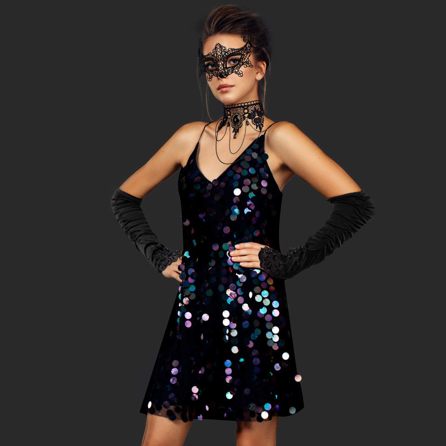 Aniwon Punk Style Halloween Party Black Lace Choker Necklace Fingerless Satin Embroidered Gloves Lace Masquerade Mask Set for Women for Wedding Evening Vampire Costume steampunk Accessories