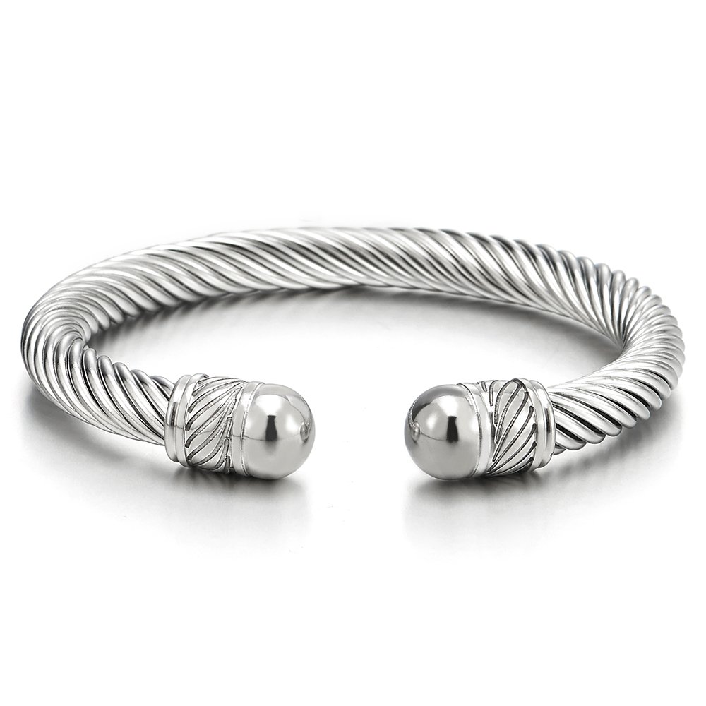 COOLSTEELANDBEYOND Elastic Adjustable Stainless Steel Twisted Cable Cuff Bangle Bracelet for Men Women