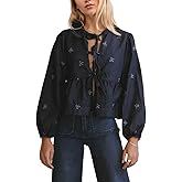 Kedera Women Denim Jean Shirt Bow Print Blouse Casual Crewneck Long Puff Sleeves Tie Front Cropped Tops Shirt