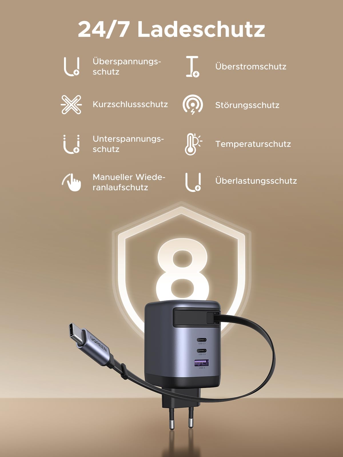 UGREEN Nexode 100W USB C Ladegerät mit Einziehbarem Kabel 4-Port GaN Netzteil Retractable Charger mit Ladekabel für Laptop kompatibel mit MacBook Pro/Air, Galaxy S-A Serie, iPhone 16-8 Serie, iPads 7