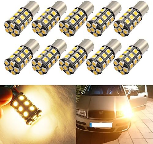 Boodled 10-Pack 1156 BA15S 1141 1073 1095 1003 7506 5050 chips 27-SMD 5050 LED Replacement Bulb for Car Interior RV Camper Turn Backup Parking Side Marker Lamp (10Pcs Warm White -Black Board)