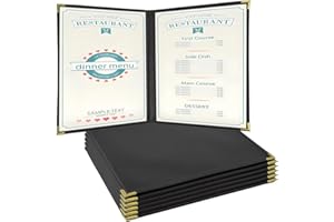 Goodsmart Pajco Style Restaurant Menu Covers – Pack of 10, Side-Loading Menu Holders, Single Stitched Edge, Clear Vinyl Menu Sleeves, Leatherette Trim, Gold Corners, Black, 2 View (8.5" x 14")