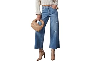 Allimy Women's High Waisted Straight Ankle Wide Leg Ripped Jeans Frayed Hem Stretchy Capri Denim Pants