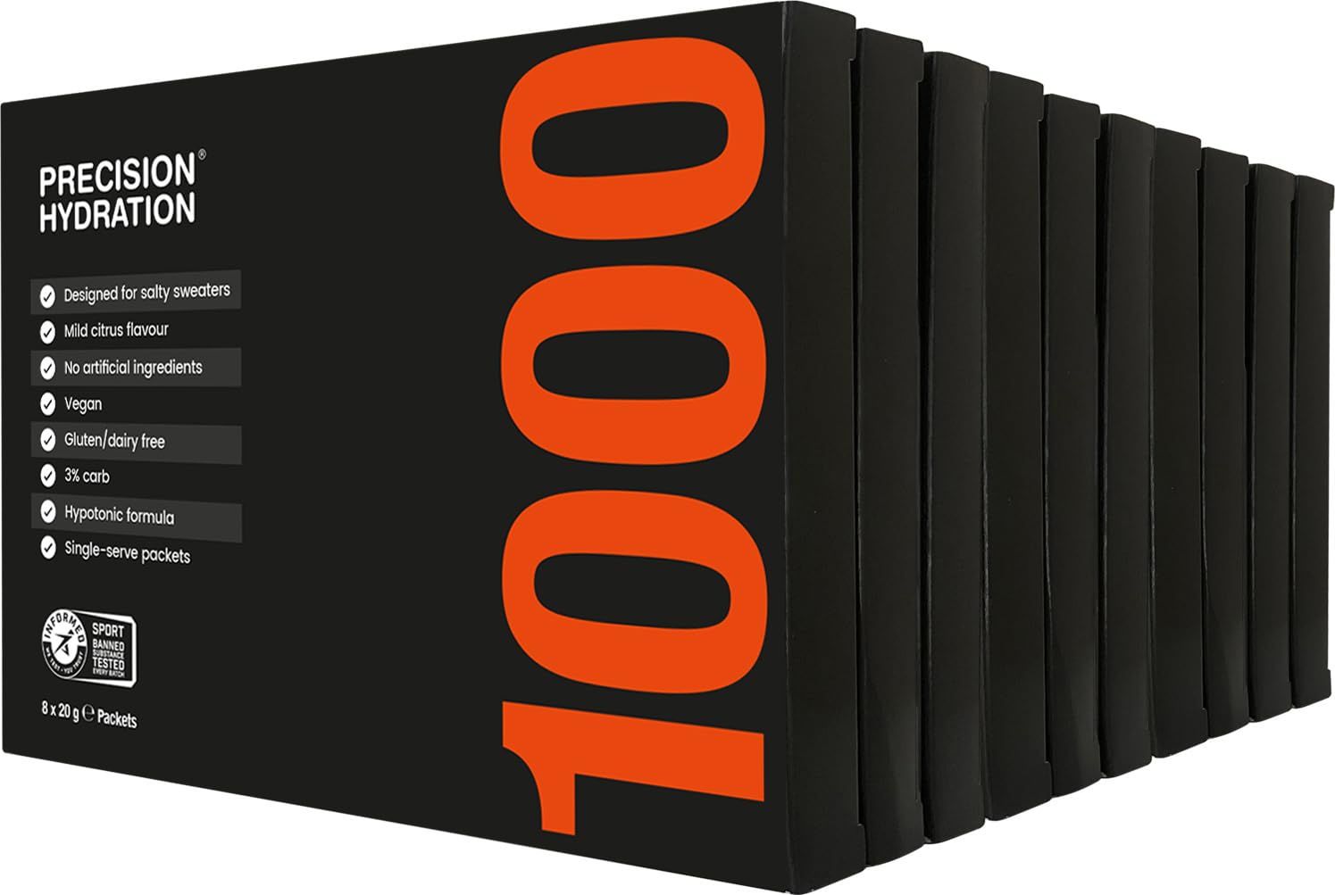 Precision Hydration Electrolyte Drink Mix - No Artificial Ingredients Multi Strength Electrolyte Powders - Individual Waterproof Servings - Gluten/Dairy Free (1000mg/L - Orange Packet, Pack of 80)