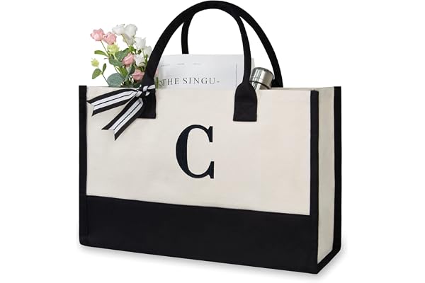 Personalized Initial Canvas Beach Bag, Monogrammed Gift Tote Bag for Women