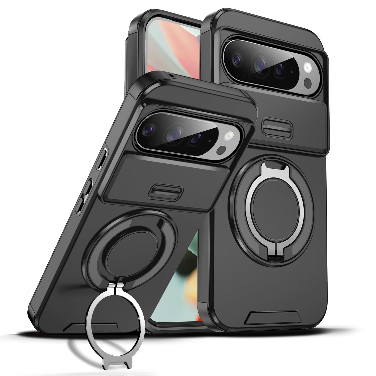 Dteck for Google Pixel 10 Pro XL Magnetic Case 6.8" 2025, with Rotating Ring Kickstand, Slide Camera Len Cover, Compatible with MagSafe Accessories, Protective Shockproof Lightweight Slim Cover, Black