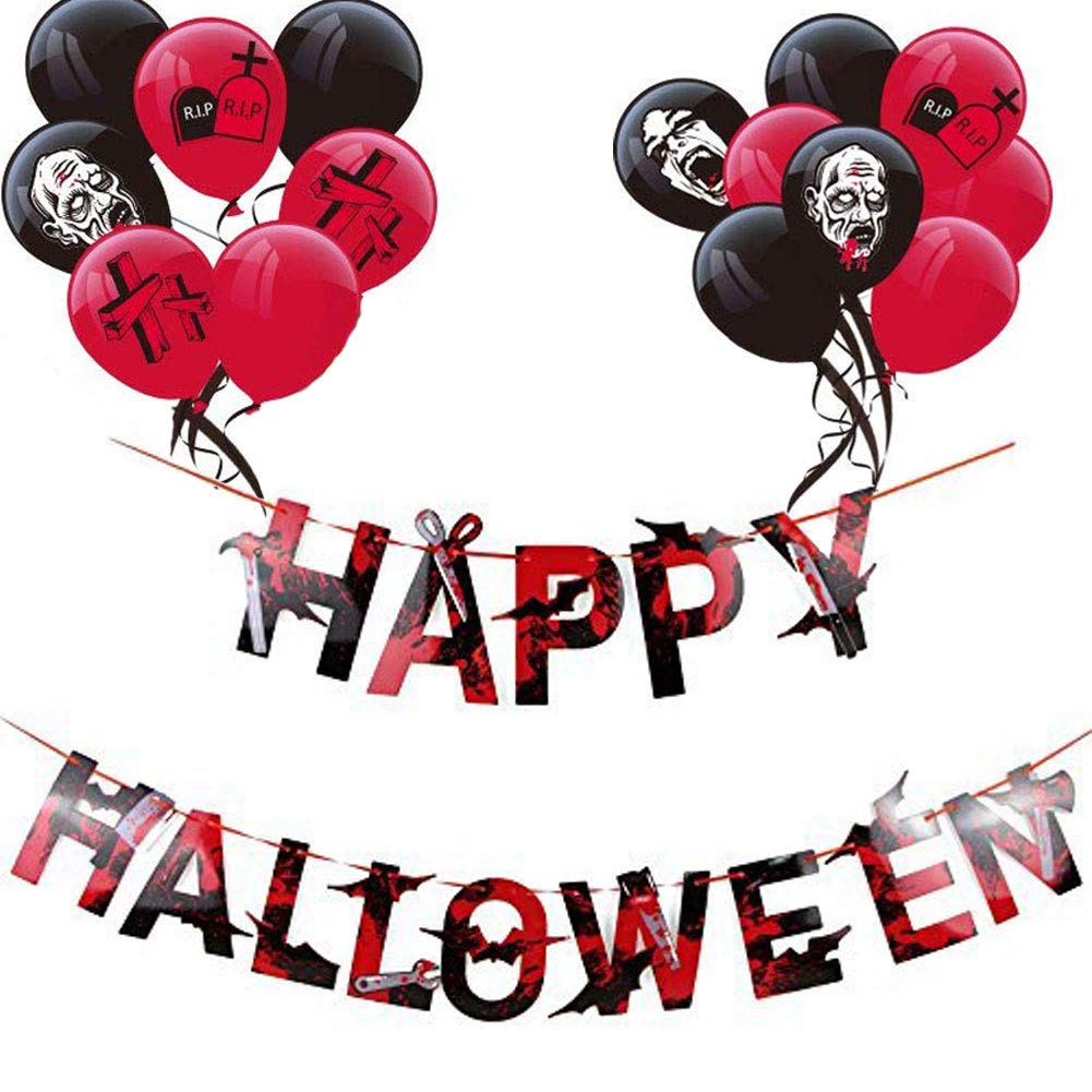 MAKFORT Halloween Balloons & Hanging Banner Bunting Garlands Pennant for Happy Halloween Party Decoration Zombie Cross Headstone Theme