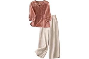 Capri Sets Women 2 Piece Outfits Summer Fall Casual 3/4 Sleeve Embroidered Tops Capri Pant Cotton Linen Lounge Set