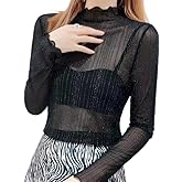 zebemay Women's Stripe Sheer Long Sleeve Mock Neck Slim Snakeskin T-Shirt Tops