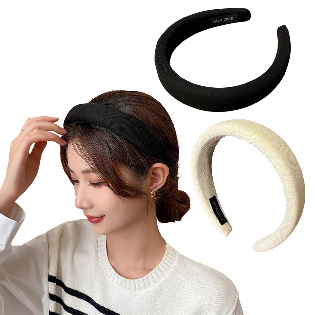 2 Pack Padded Headbands for Women Stretchy Wide Plain & Soft Sponge Headbands Outdoor Hair Accessories for Girls Black White 21062