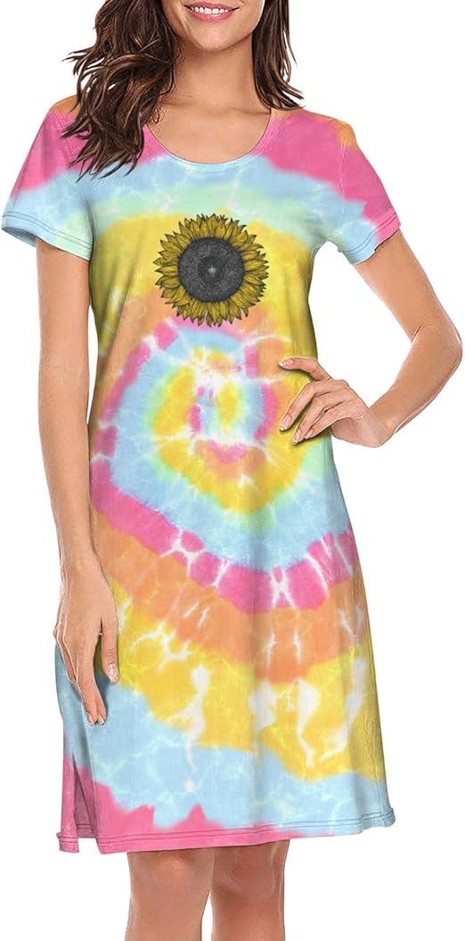 Funny Nightgowns for Women Yellow Tropical Plants Vintage Sunflower Cotton Tie Dye Short Sleeve