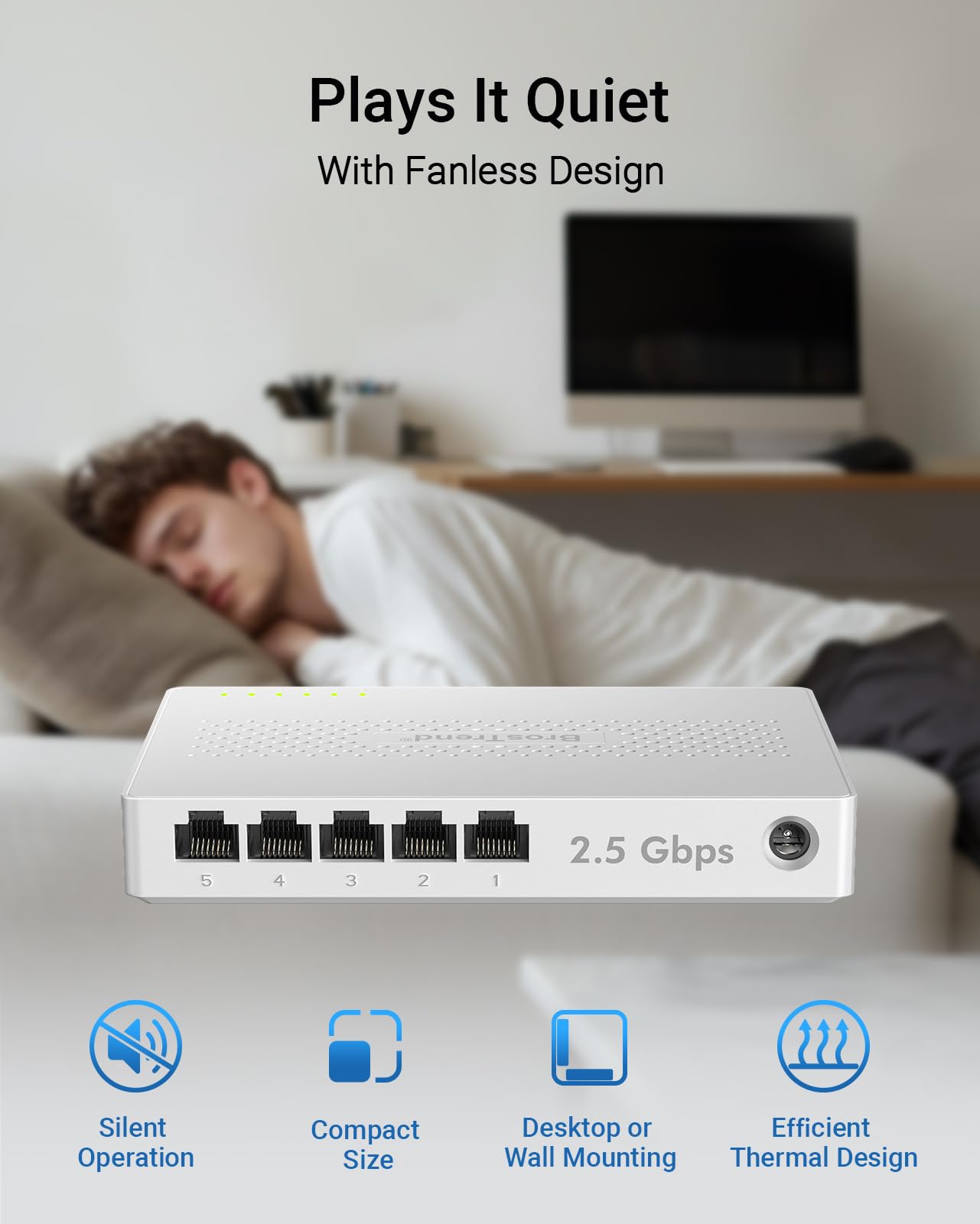 BrosTrend 5-Ports 2.5G LAN Switch, 2.5 Gbit/s Unmanaged Ethernet Netzwerk Switch für Gaming-PC NAS Server, Gigabit Switch LAN Splitter (Plug-and-Play, Lüfterlos, Desktop/Wandmontage, Lifetime-Schutz) 6