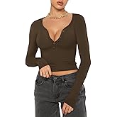 REORIA Women Sexy Long Sleeve Henley T Shirts V Neck Button up Casual Basic Y2K Slim Fitted Ribbed Knit Crop Tops