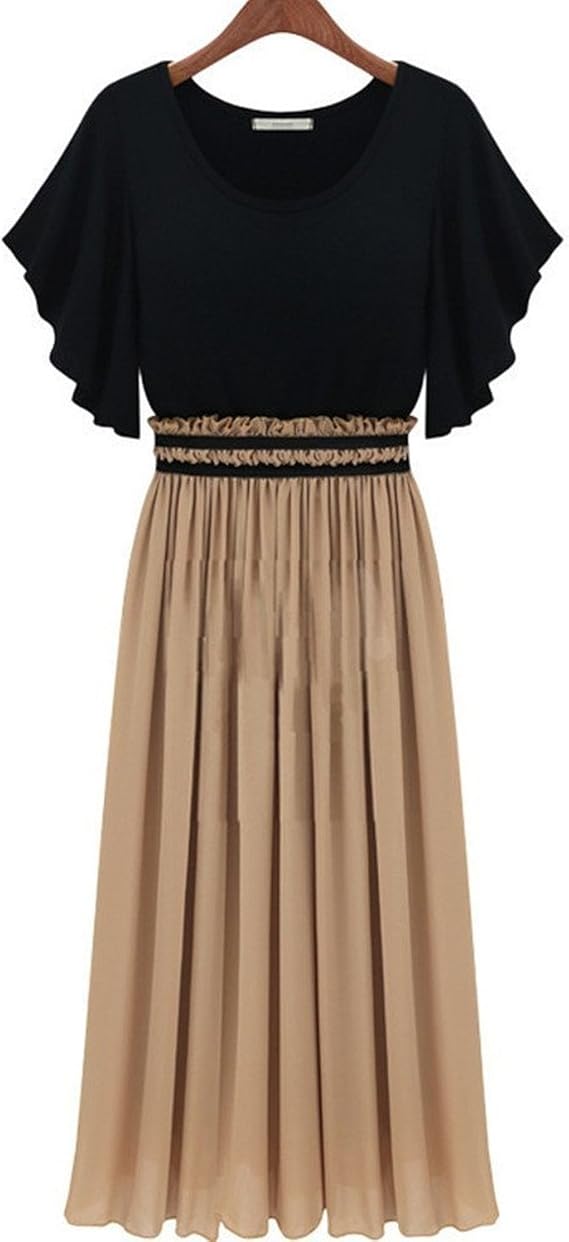 Amazon セレブ ワンピ フリル 袖 ハイウエスト バイカラー ロング シフォン ワンピース レディース ドレス マキシワンピース マキシワンピ エレガント 二次会 披露宴 結婚式 発表会ドレス お呼ばれ 大きいサイズ Lサイズ ワンピース チュニック 通販
