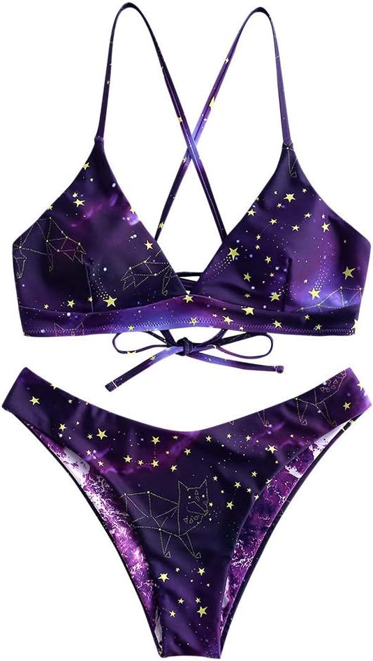 Women's Spaghetti Straps Sun and Moon Lace Up Two Pieces Bikini Set