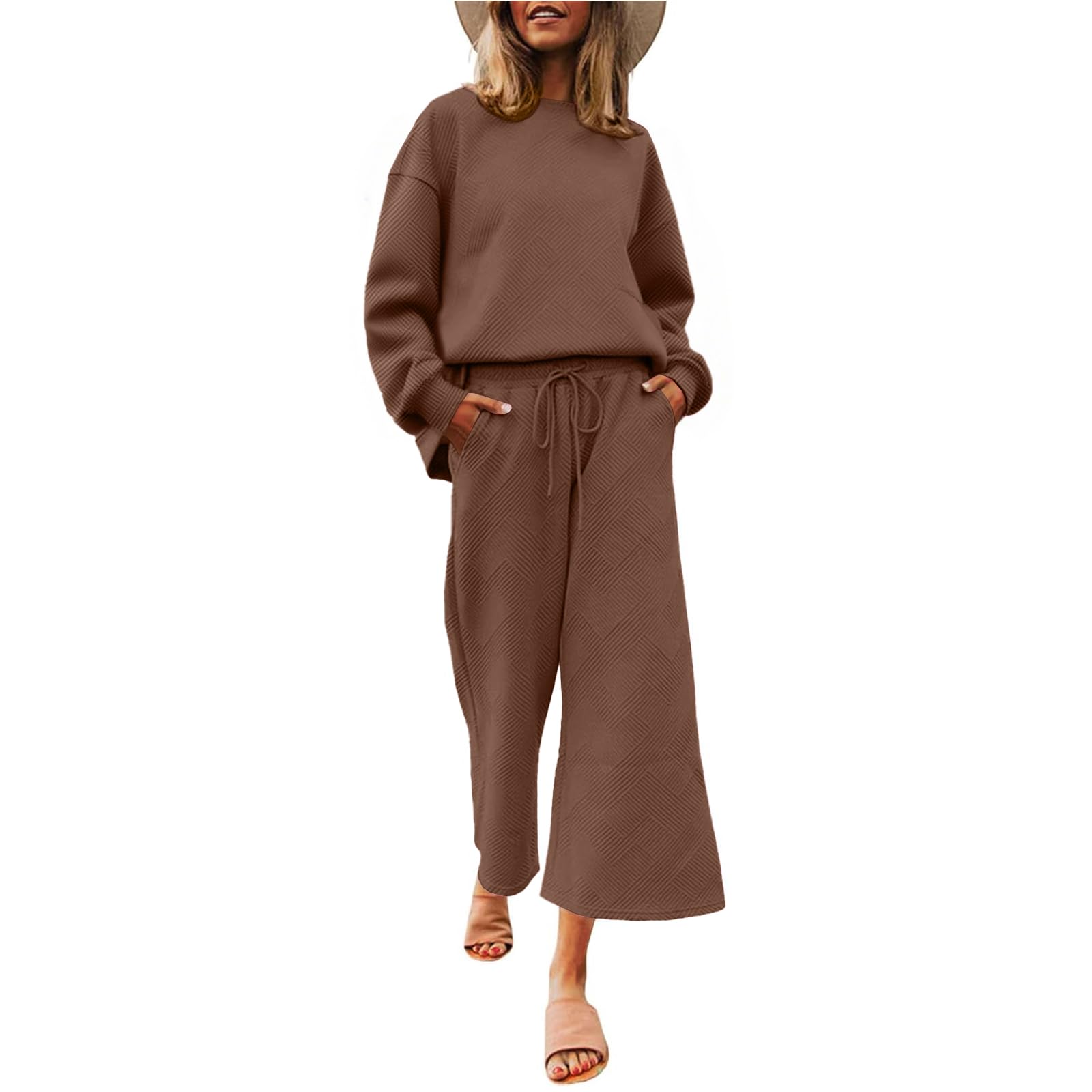 Photo 1 of ***SIMULAR TO PHOTO NOT EXACT******kaimimei Womens 2 Piece Outfits Travel Matching Long Sleeve Tops and Wide Leg Pants Sets Casual Loungewear with Pockets Brown S