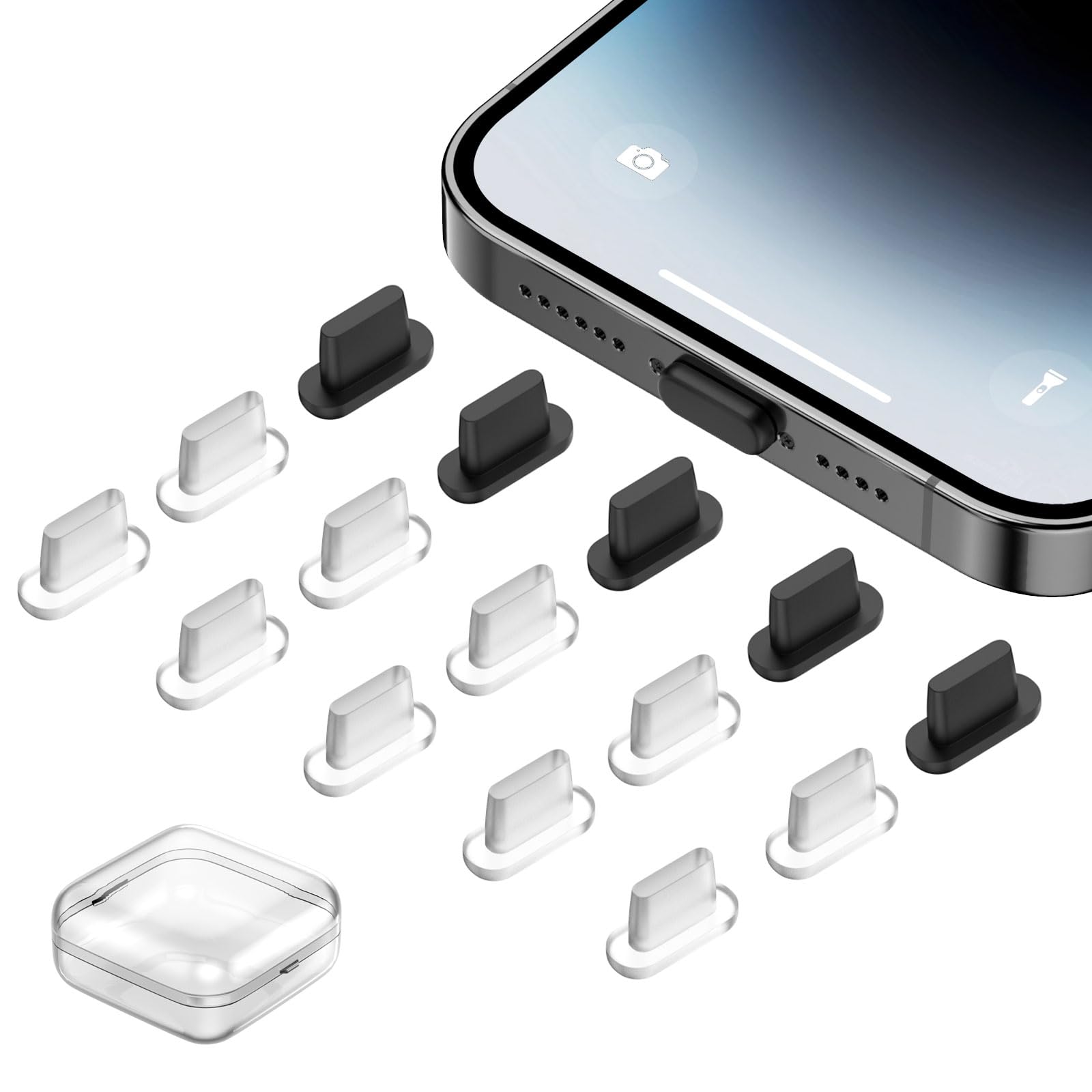 ACAGET 15 Pcs Anti Dust Plug for iPhone 14, Silicone Charging Port Cover, Dust Protectors Stopper for iPhone 14 Pro Max 13,12,12 mini, 12 Pro,11, X, SE, XS, XR, 8, 7, iPad and Airpods, Black+ Clear