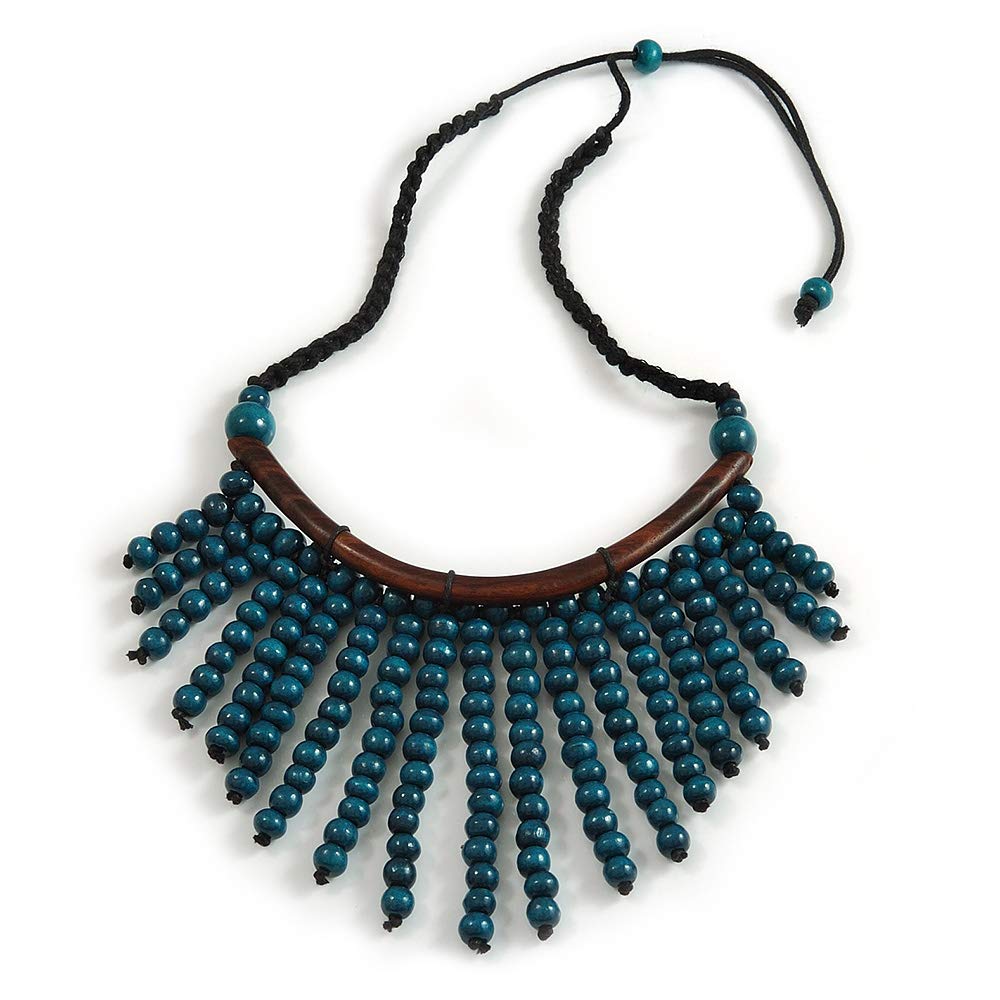 Avalaya Statement Teal Wooden Bead Fringe Black Cotton Cord Necklace - Adjustable