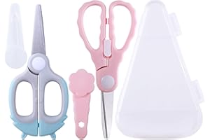ARCHIKING Baby Food Scissors Kicthen Shears -2-Pack Portable Healthy Cute Kids Scissors with Safety Lock and Storage Case - Ideal for Cutting Meat, Chicken, Vegetables, and Fruits (Pink&Bee Blue)