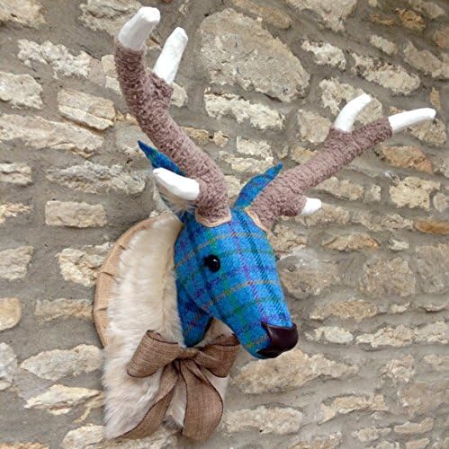 Handmade faux taxidermy Harris tweed blue teal tartan check deer stag wall mounted animal head trophy