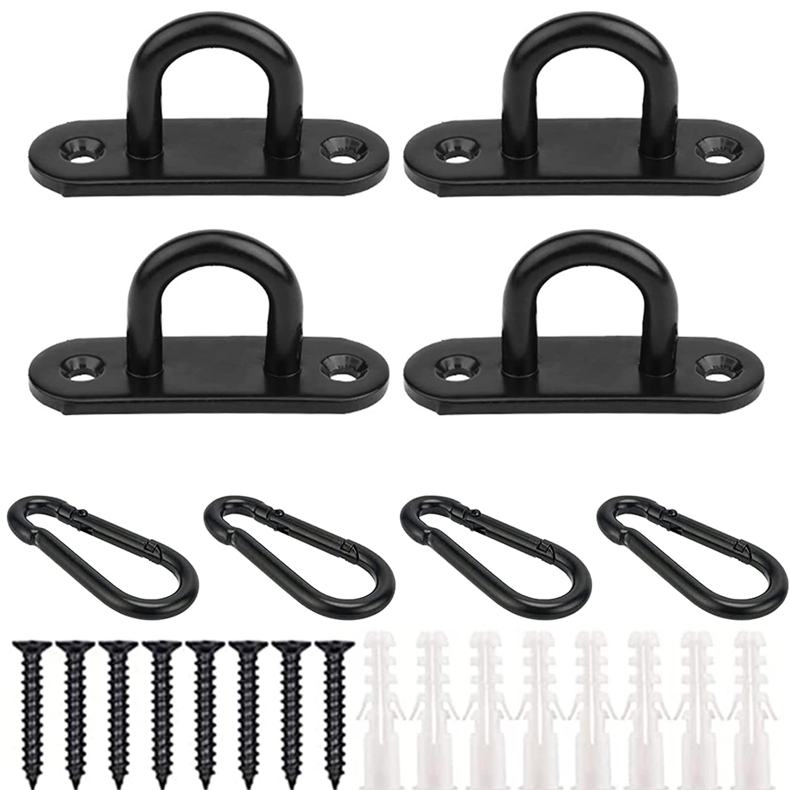 EGGMARCH 4 Set M6 Pad Eye Plate and Carabiner Clips, Stainless Steel Oblong Eye Plate Metal Staple Ring Hook Suspension Ceiling Hooks with Screws and Plastic Plugs for Training Straps,Shade Sails