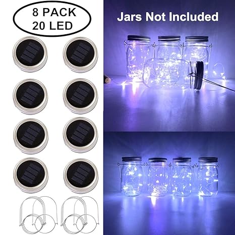 Solar Mason Jar Lid Lights 8 Pack 20 Led String Fairy Star Firefly Jar Lids Lights 8 Hangers Includedjars Not Included Perfect For Mason Jar