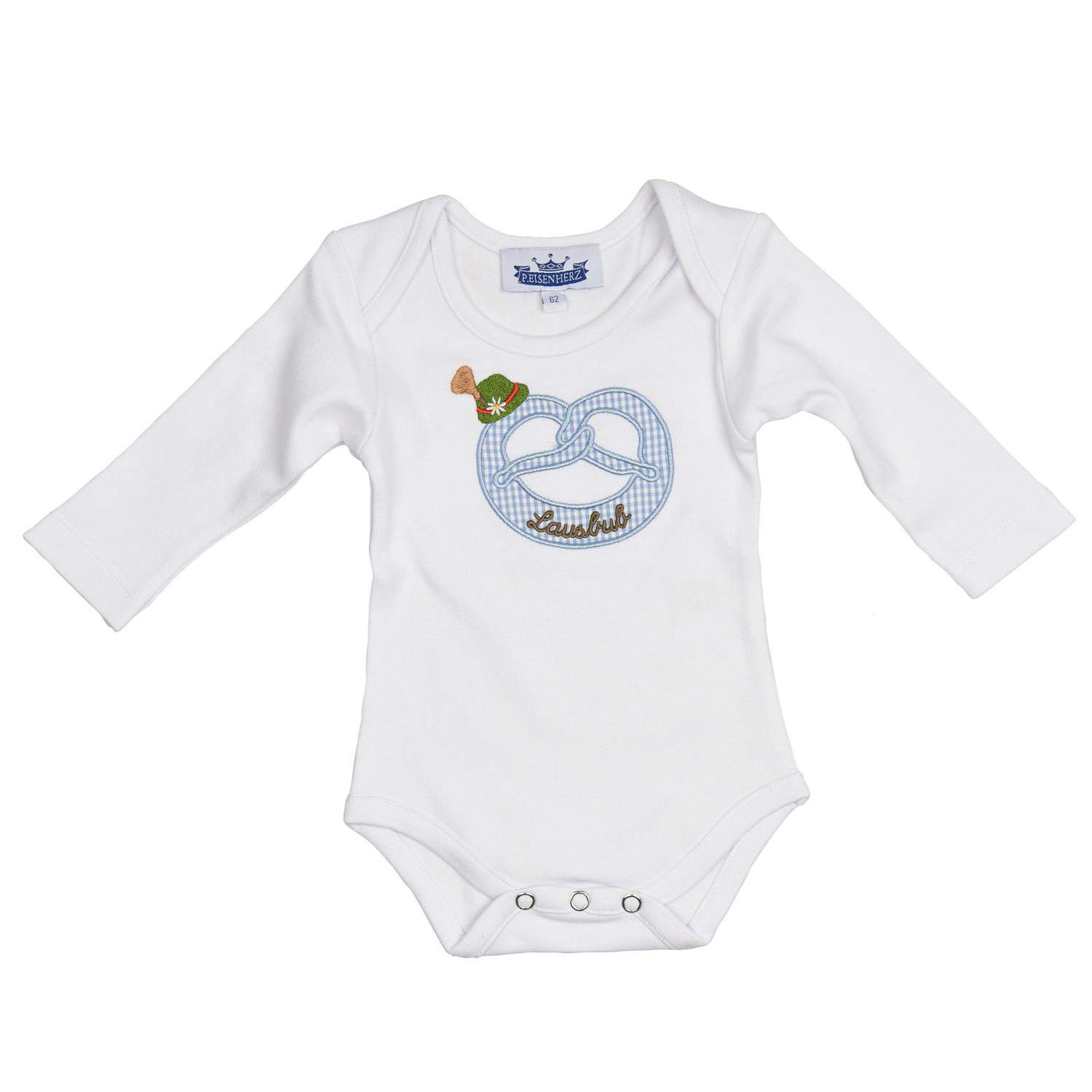 Long Sleeve Baby Romper in Bavarian Traditional Costume Look Motive Pretzel with Embroidery Tyrolean Hat and Lausbub, 100% Cotton, in Size 74 Light Blue