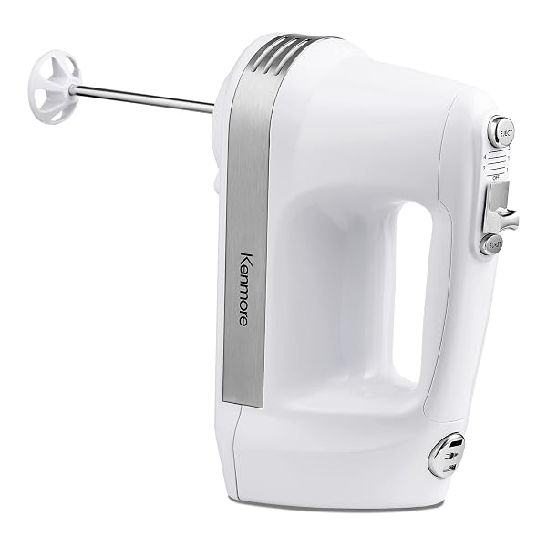 KENMORE 5-SPEED HAND MIXER/BLENDER, 250 WATTS, WITH BEATERS, DOUGH HOOKS, LIQUID BLENDING ROD, AUTOMATIC CORD RETRACT, BURST CONTROL, AND CLIP-ON ACCESSORY STORAGE