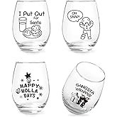 Jogskeor Funny Christmas Wine Glasses Set of 4, Holiday Stemless Wine Glasses for Women Men Friends Family, Wonderful New Year Holiday Christmas Gifts, 15Oz