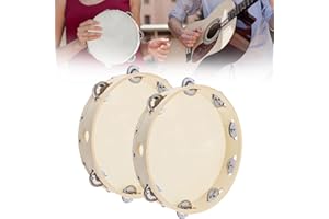REMAGIC Wooden Tambourine Hand Held Drum Bells 2Pcs, 6 inch Hand Held Tambourine Drum for Church Party with Sheepskin Drumhead, Single Row Jingles Percussion Musical Educational Drum Instrument