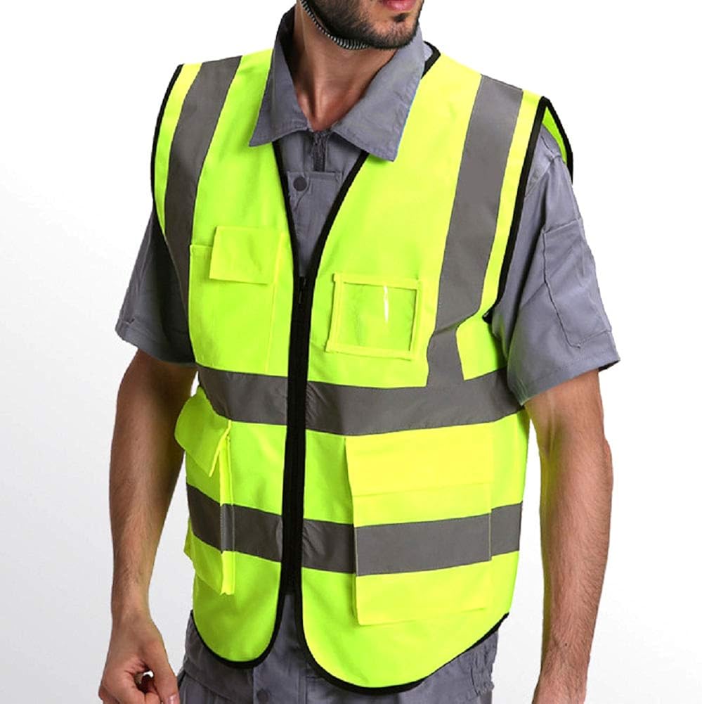 HYCOPROT High Visibility Reflective Safety Vest with Pockets and Zipper Front, Neon Yellow, Meets ANSI/ISEA Standards: Clothing
