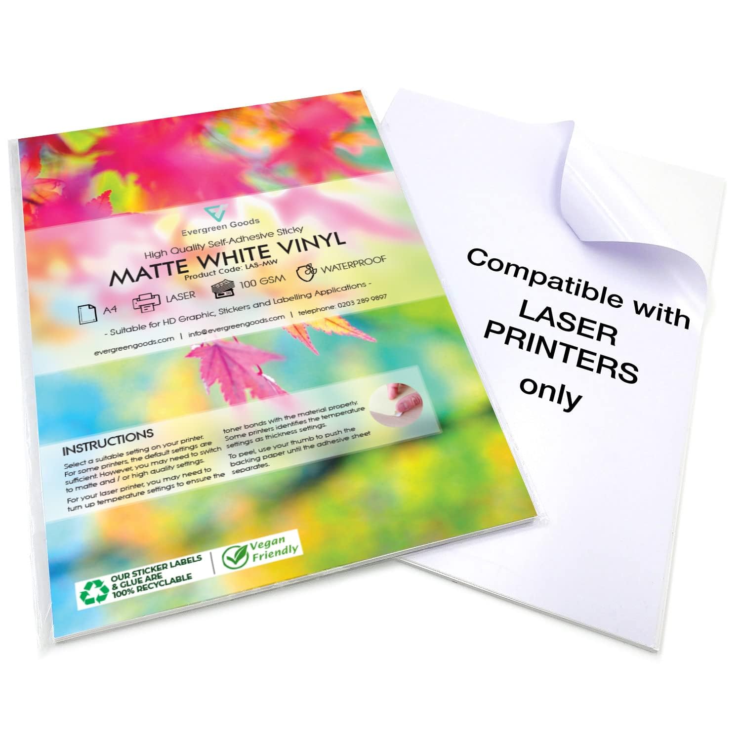 Evergreen Goods 100 Sheets A4 Printable Matte White Sticker Vinyl | Laser Printable ONLY, Waterproof | Make Stickers & Labels for Products, Home Projects, Organisation | Suitable for Cricut